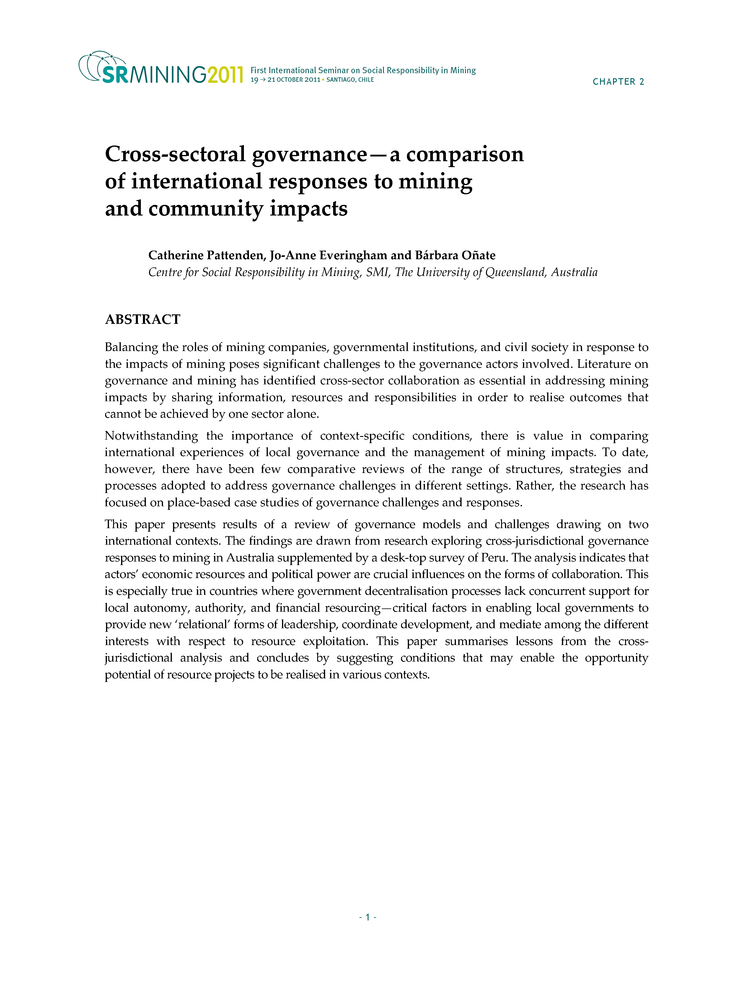 Cross-sectoral governance - a comparison of international responses to mining and community impacts