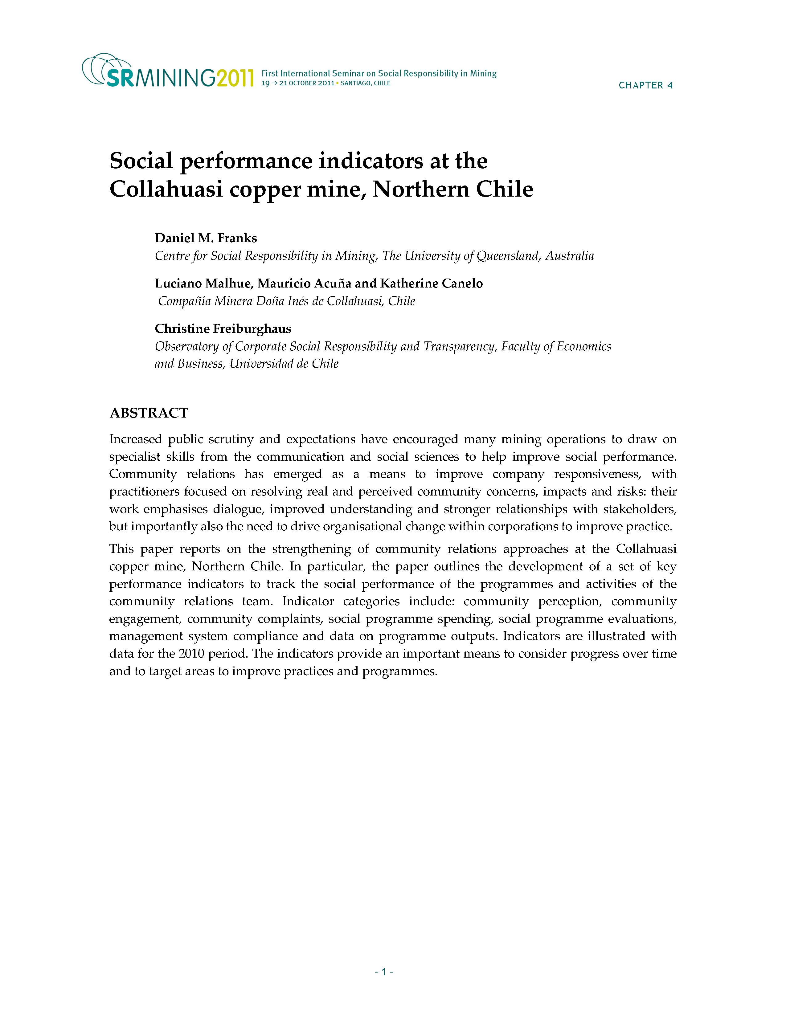 Social performance indicators at the Collahuasi copper mine, Northern Chile