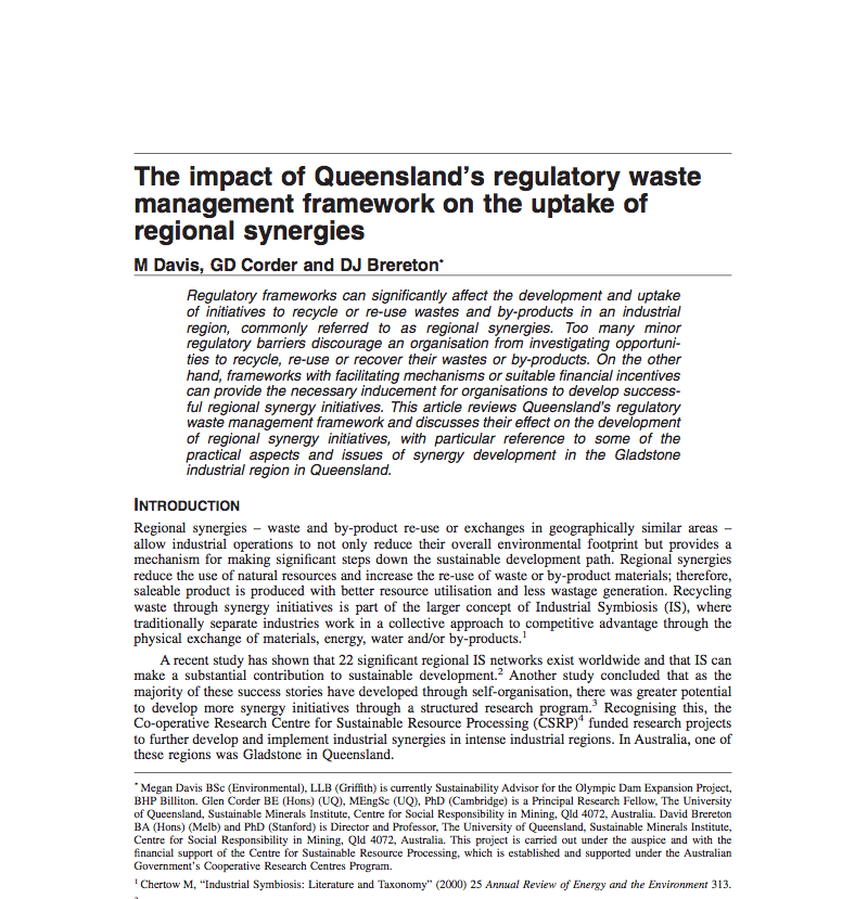 The impact of Queensland's regulatory waste management framework on the uptake of regional synergies