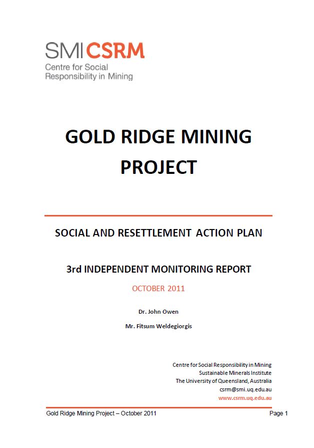 Gold Ridge mining project - social and resettlement action plan. 3rd independent monitoring report