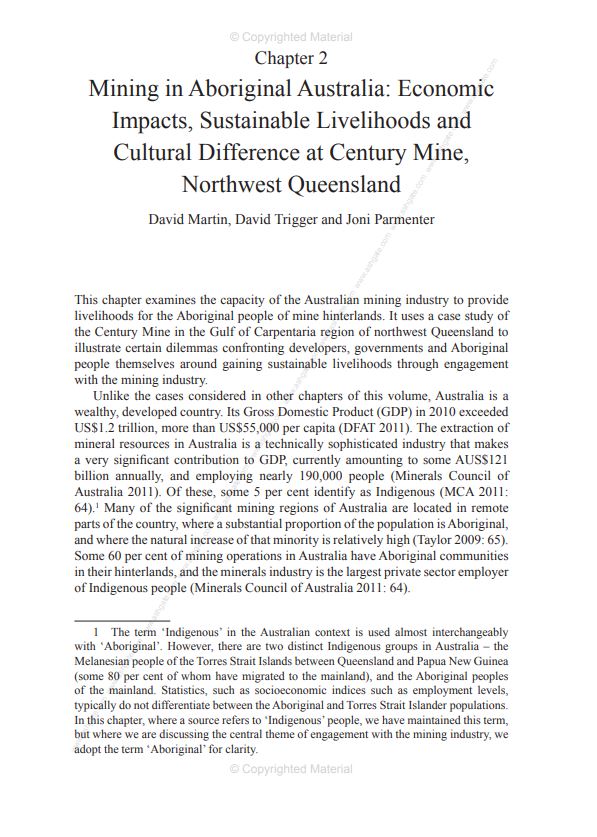 Mining in Aboriginal Australia: economic impacts, sustainable livelihoods and cultural difference at Century Mine, Northwest Queensland